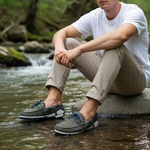 SWIMS Breeze Wave Boat Shoes Mens 12 Olive Green Mesh Loafers 21270-647